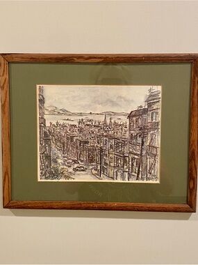 Guy Buffet Framed Cityscape Sketch/ watercolor Olive Green Mat